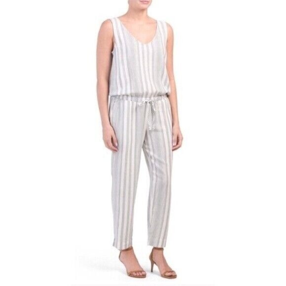 Cloth & Stone Linen Blend Striped Jumpsuit Size M Blue & White One Piece - Picture 1 of 10
